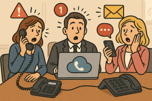 Illustration of Team using virtual PBX in a Professional desk with phones setting, with a alert mood.