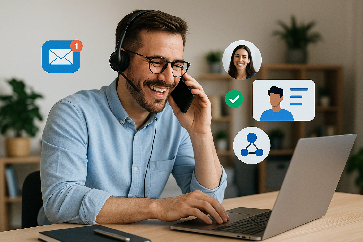 Illustration of Person making business calls on phone in a Home office setup with headset setting, with a innovative mood.