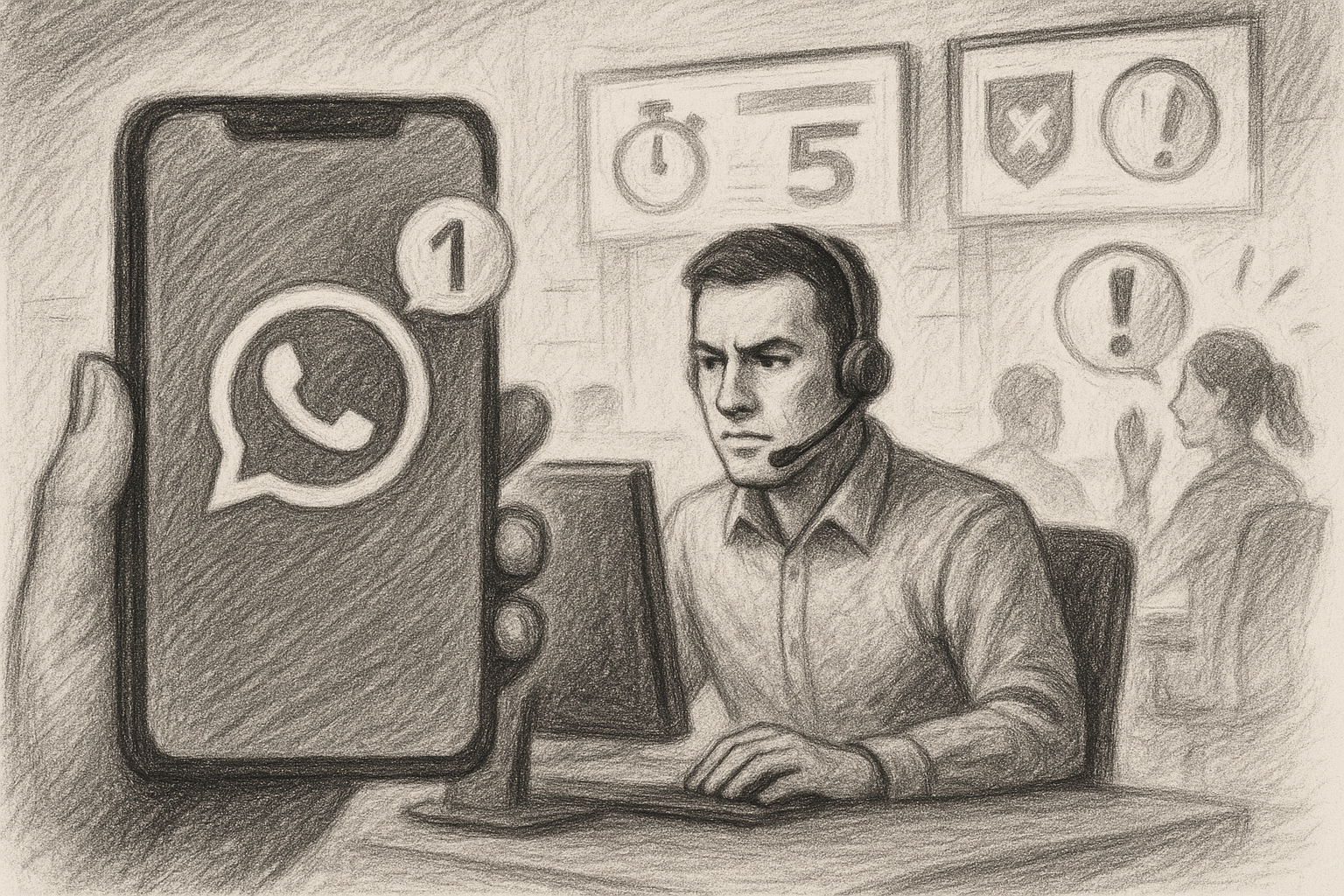 Illustration of Customer connecting via WhatsApp in a Call center with digital wallboards setting, with a determined mood.