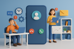 Illustration of Caller ID with mobile icons in a Tech-themed workspace setting, with a alert mood.