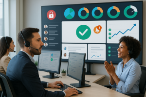 Illustration of Team using communication dashboard in a Call center with digital wallboards setting, with a inspired mood.