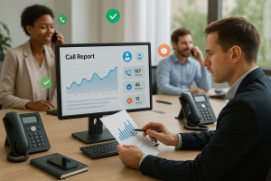 Illustration of Manager analyzing call reports in a Professional desk with phones setting, with a efficient mood.