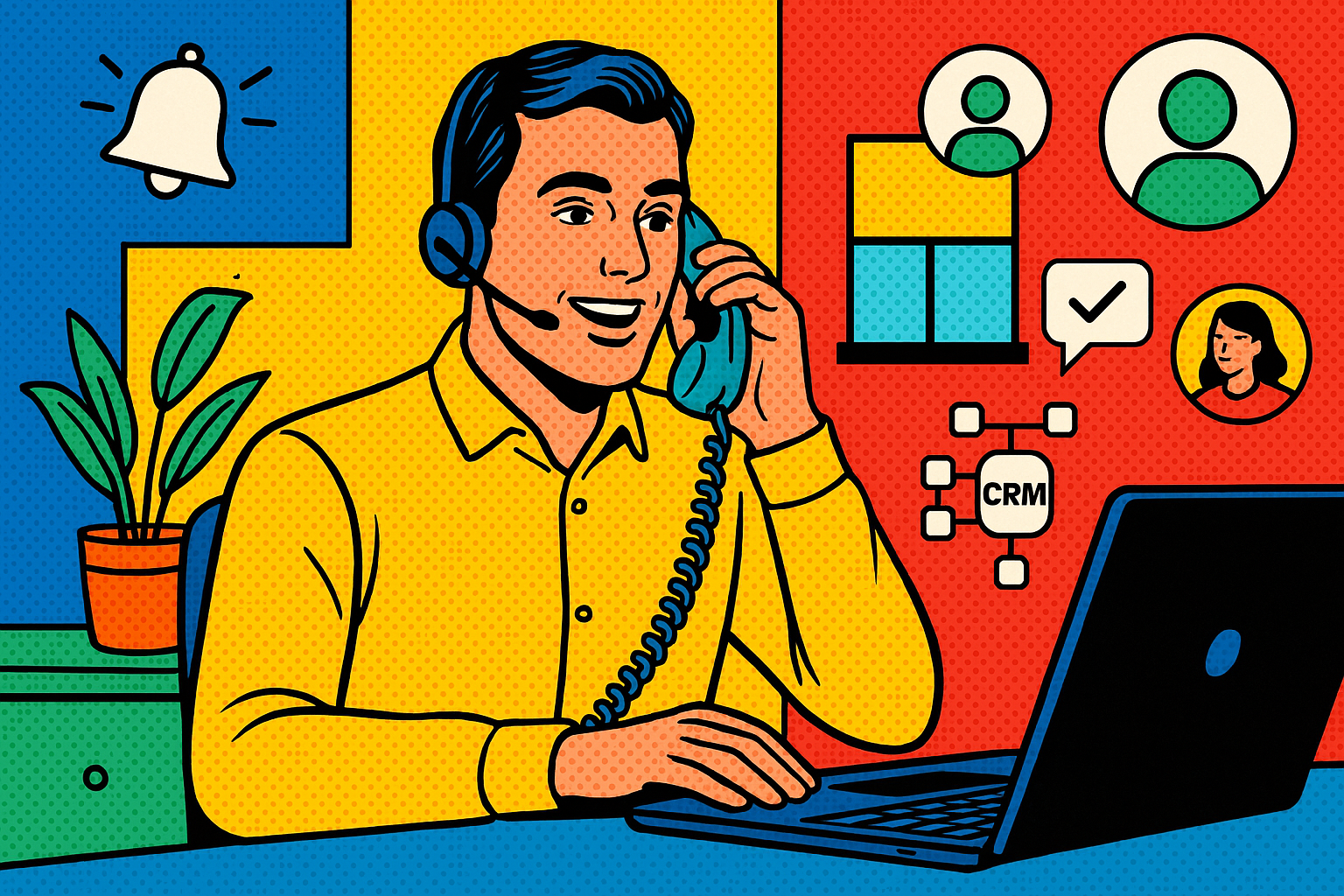 Illustration of Person making business calls on phone in a Home office setup with headset setting, with a empowered mood.