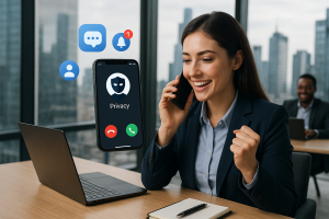 Illustration of Caller ID with mobile icons in a City skyline through office window setting, with a empowered mood.