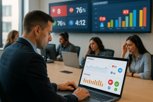 Illustration of Manager analyzing call reports in a Call center with digital wallboards setting, with a determined mood.