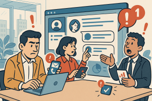 Illustration of Team using communication dashboard in a Modern office with mobile tech setting, with a determined mood.