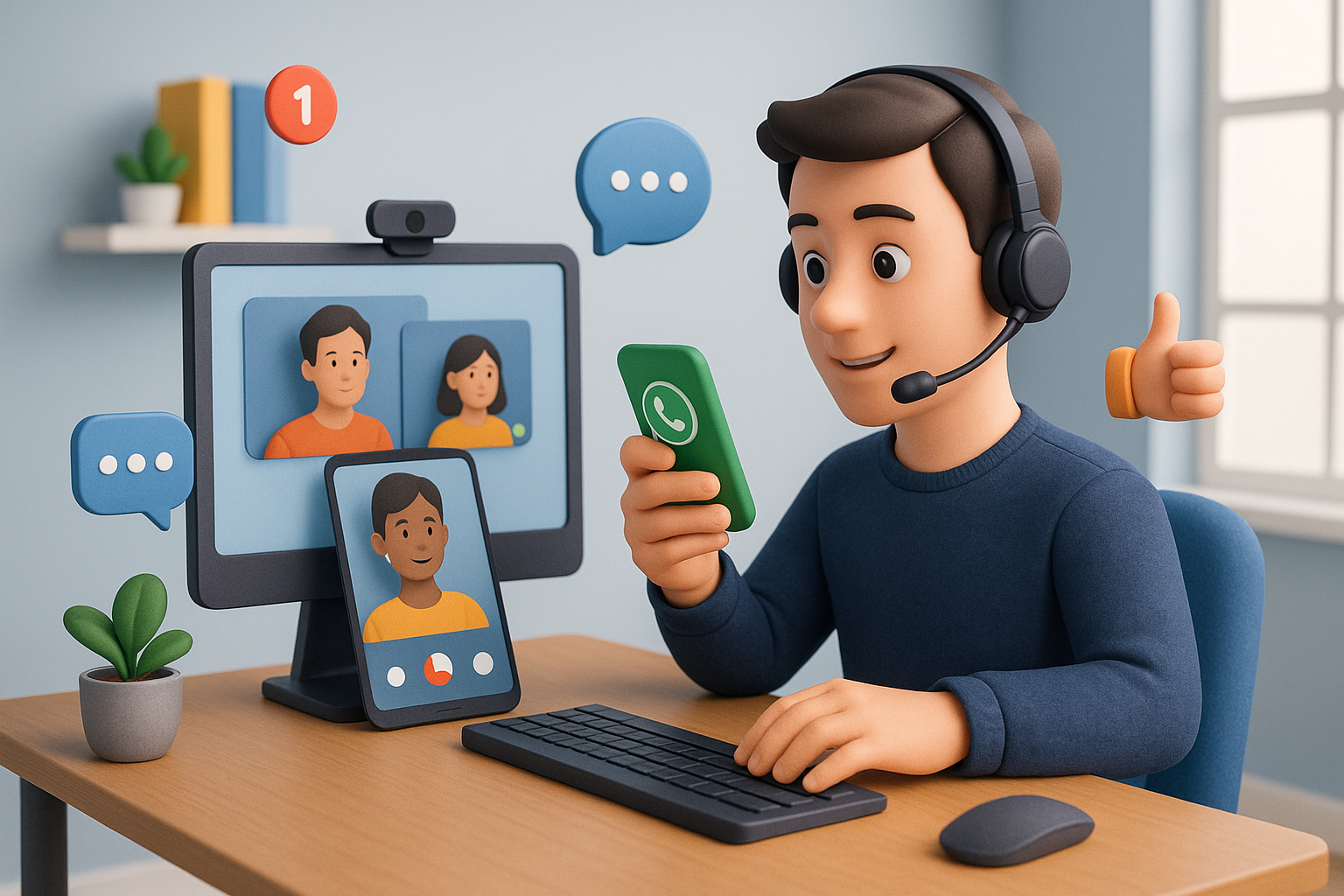 Illustration of Customer connecting via WhatsApp in a Home office setup with headset setting, with a professional mood.