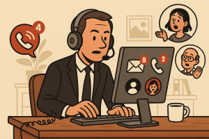Illustration of Entrepreneur managing multiple numbers in a Home office setup with headset setting, with a focused mood.