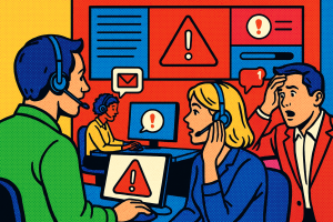 Illustration of Team using communication dashboard in a Call center with digital wallboards setting, with a alert mood.