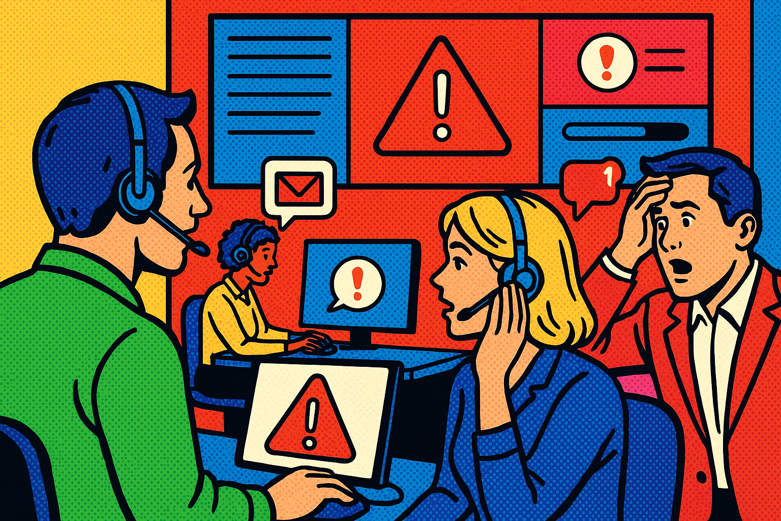 Illustration of Team using communication dashboard in a Call center with digital wallboards setting, with a alert mood.