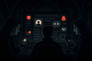 Illustration of Team using communication dashboard in a Virtual command center setting, with a focused mood.