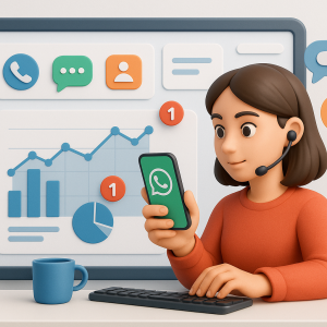 Illustration of Customer connecting via WhatsApp in a Dashboard with telecom metrics setting, with a determined mood.