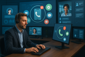 Illustration of Agent handling client calls in a Virtual command center setting, with a in control mood.