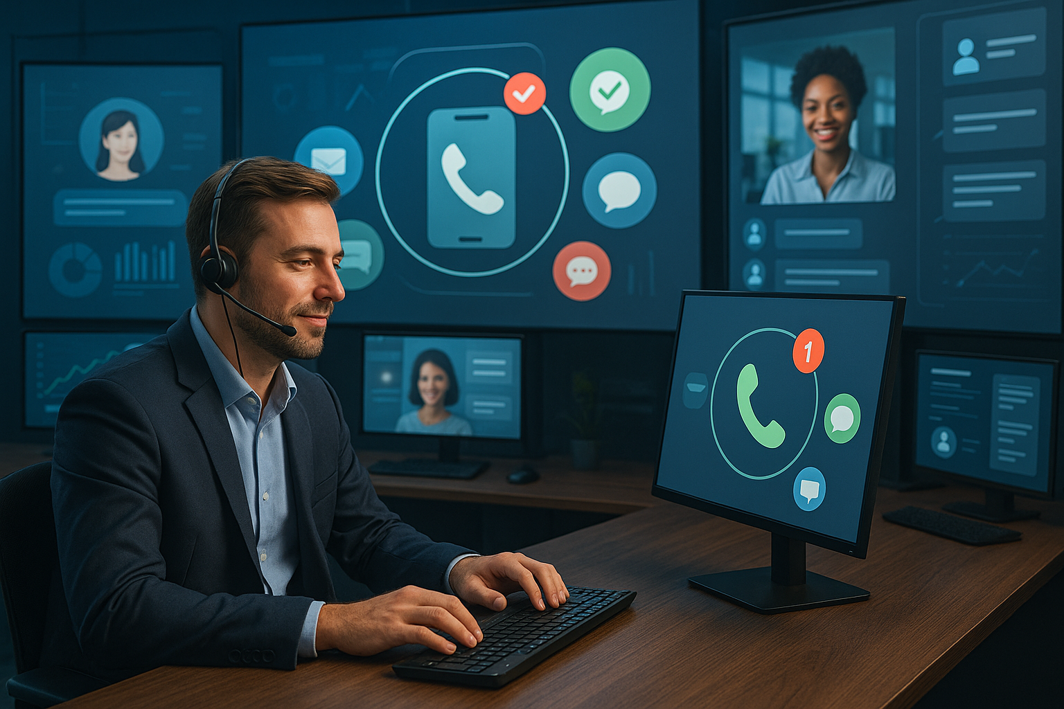 Illustration of Agent handling client calls in a Virtual command center setting, with a in control mood.