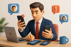 Illustration of Entrepreneur managing multiple numbers in a Professional desk with phones setting, with a focused mood.