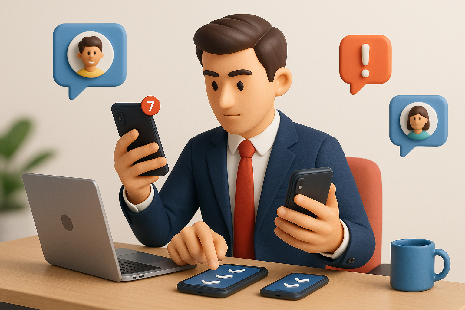 Illustration of Entrepreneur managing multiple numbers in a Professional desk with phones setting, with a focused mood.