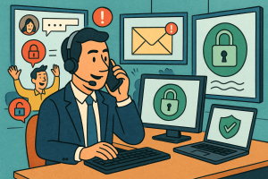 Illustration of Agent handling client calls in a Virtual command center setting, with a confident mood.