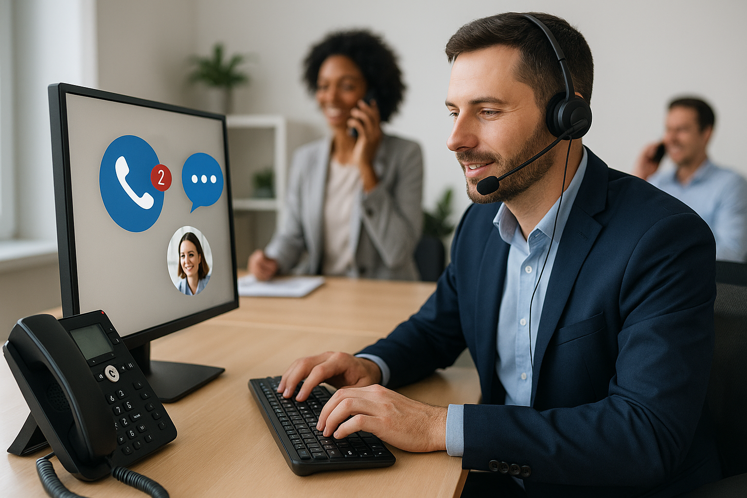 Illustration of Agent handling client calls in a Professional desk with phones setting, with a efficient mood.