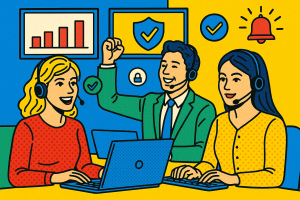 Illustration of Team using virtual PBX in a Call center with digital wallboards setting, with a inspired mood.