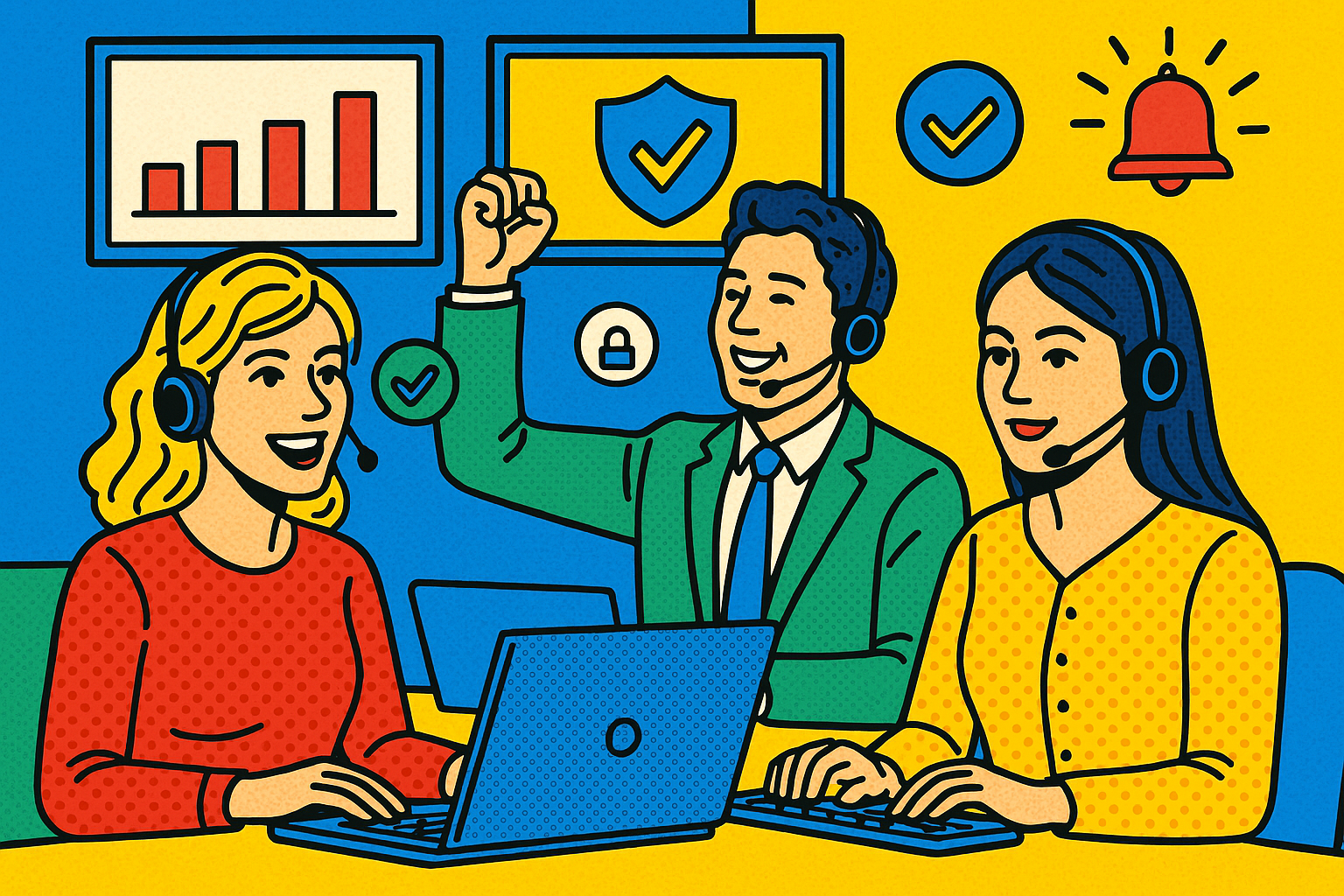 Illustration of Team using virtual PBX in a Call center with digital wallboards setting, with a inspired mood.