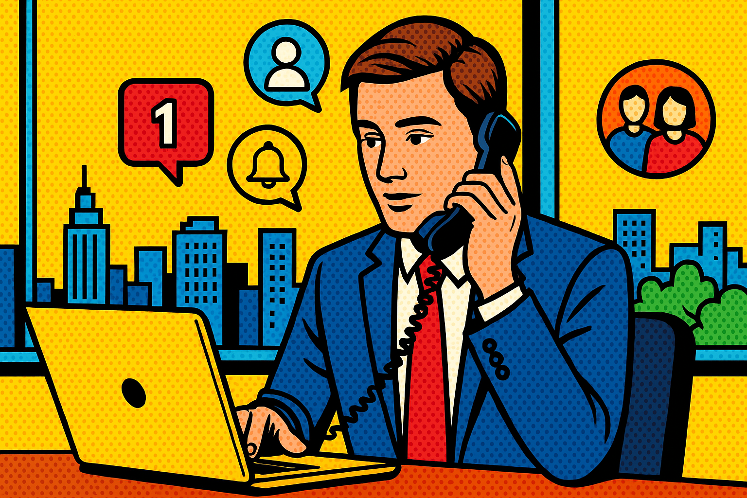 Illustration of Person making business calls on phone in a City skyline through office window setting, with a focused mood.