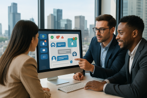 Illustration of Team using communication dashboard in a City skyline through office window setting, with a in control mood.
