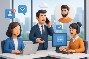 Illustration of Team using virtual PBX in a City skyline through office window setting, with a professional mood.