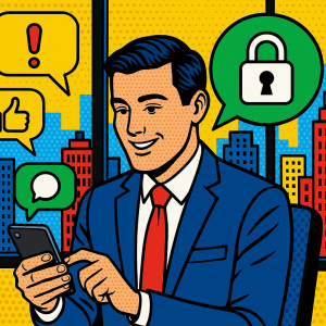 Illustration of Customer connecting via WhatsApp in a City skyline through office window setting, with a inspired mood.