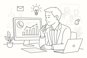 Illustration of Manager analyzing call reports in a Tech-themed workspace setting, with a inspired mood.