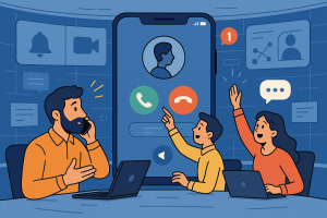 Illustration of Caller ID with mobile icons in a Virtual command center setting, with a innovative mood.