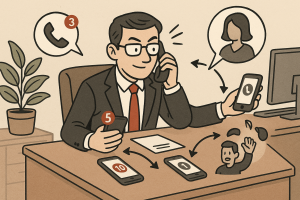 Illustration of Entrepreneur managing multiple numbers in a Professional desk with phones setting, with a professional mood.