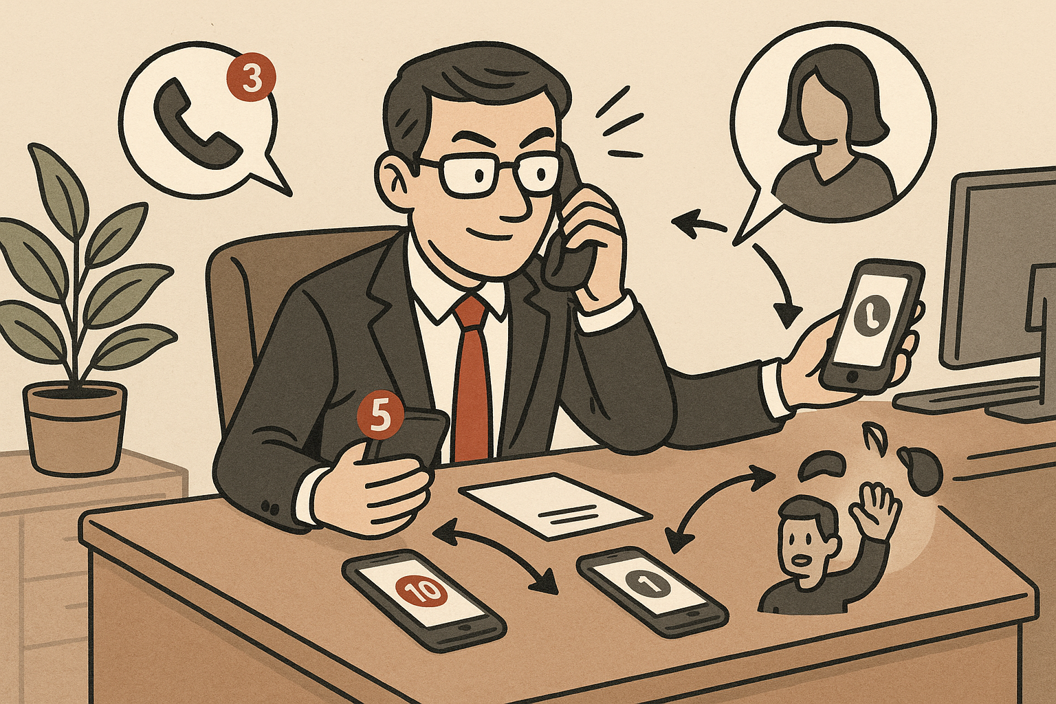 Illustration of Entrepreneur managing multiple numbers in a Professional desk with phones setting, with a professional mood.