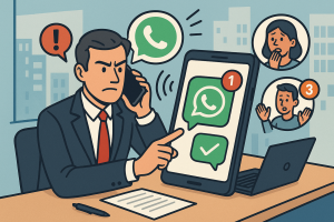 Illustration of Person making business calls on phone in a Modern office with mobile tech setting, with a determined mood.