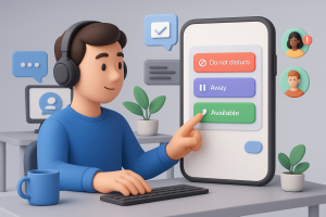 Illustration of User switching call profiles in a Tech-themed workspace setting, with a in control mood.