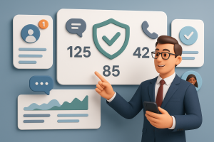 Illustration of Entrepreneur managing multiple numbers in a Dashboard with telecom metrics setting, with a empowered mood.