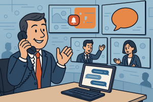 Illustration of Person making business calls on phone in a Virtual command center setting, with a in control mood.