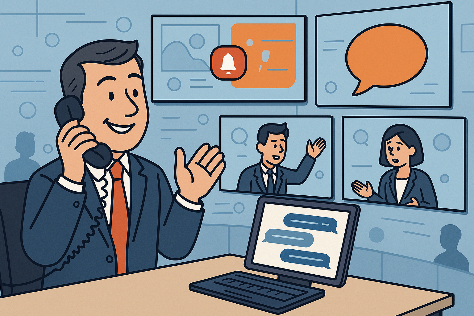 Illustration of Person making business calls on phone in a Virtual command center setting, with a in control mood.