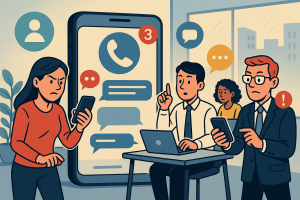 Illustration of Team using virtual PBX in a Modern office with mobile tech setting, with a determined mood.