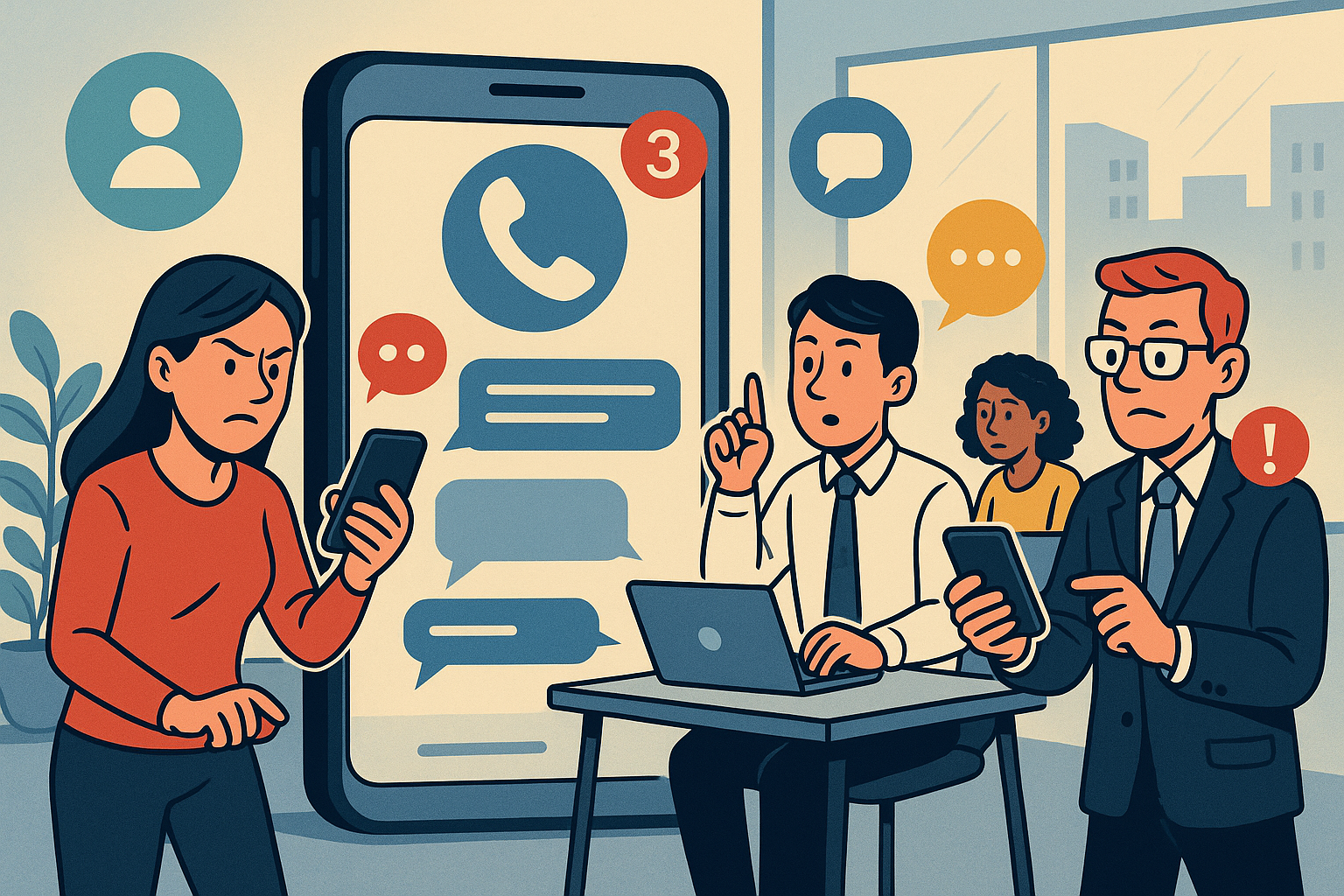 Illustration of Team using virtual PBX in a Modern office with mobile tech setting, with a determined mood.