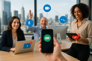 Illustration of Phone routing multiple devices in a City skyline through office window setting, with a innovative mood.