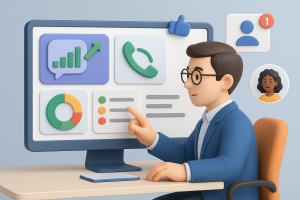 Illustration of Manager analyzing call reports in a Dashboard with telecom metrics setting, with a in control mood.