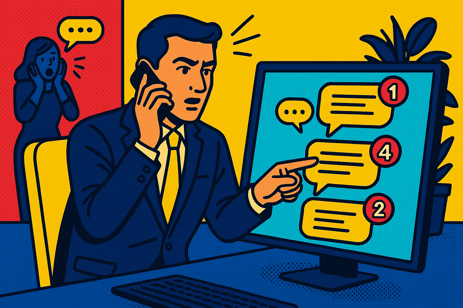 Illustration of Entrepreneur managing multiple numbers in a Tech-themed workspace setting, with a alert mood.