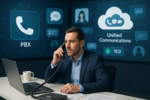 Illustration of Person making business calls on phone in a Virtual command center setting, with a professional mood.