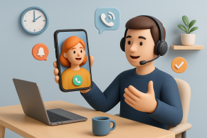 Illustration of Agent handling client calls in a Home office setup with headset setting, with a confident mood.