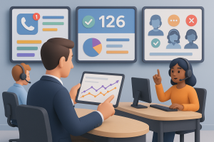 Illustration of Manager analyzing call reports in a Call center with digital wallboards setting, with a efficient mood.