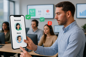 Illustration of User switching call profiles in a Call center with digital wallboards setting, with a in control mood.
