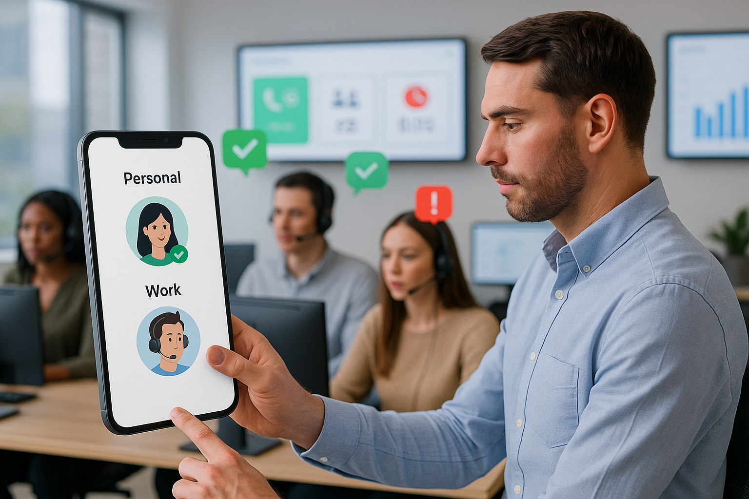 Illustration of User switching call profiles in a Call center with digital wallboards setting, with a in control mood.