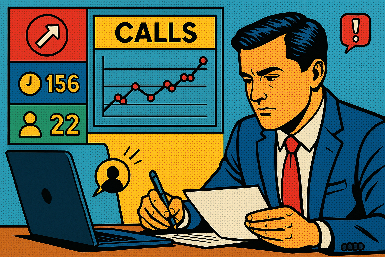 Illustration of Manager analyzing call reports in a Dashboard with telecom metrics setting, with a focused mood.