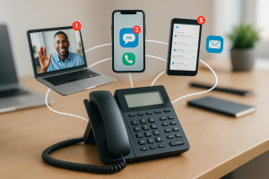 Illustration of Phone routing multiple devices in a Professional desk with phones setting, with a confident mood.