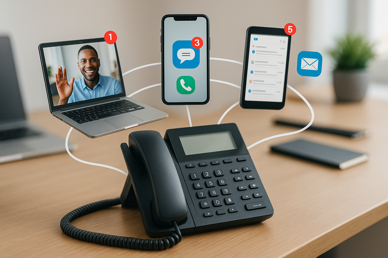 Illustration of Phone routing multiple devices in a Professional desk with phones setting, with a confident mood.